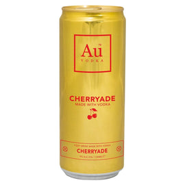 A gold can of Au Vodka Cherryade on a plain white background. The can features red text and a red square logo containing 'Au Vodka' with cherries below.