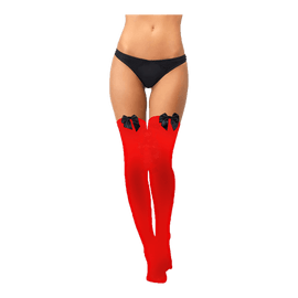 Red & Black Women Bow Lace Thigh High Stockings Pack of 1 - www.alcohol.ninja